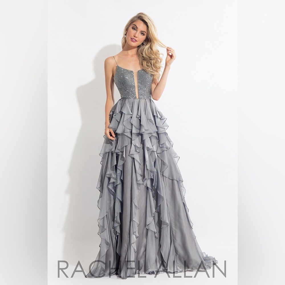 Rachel Allan Platinum Ruffle Prom Dress
